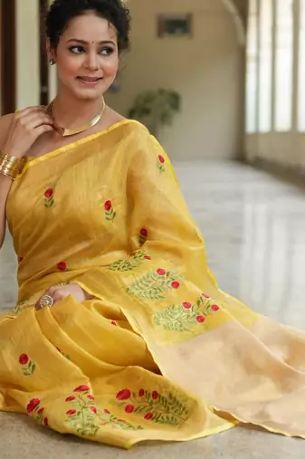 handwoven yellow saree with embroidery work