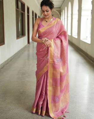 handwoven pink tissue linen saree with mirror work 1