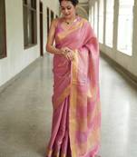 handwoven pink tissue linen saree with mirror work