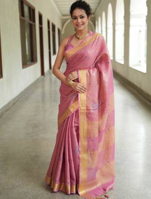 handwoven pink tissue linen saree with mirror work 2