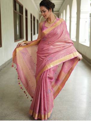 handwoven pink tissue linen saree with mirror work 4