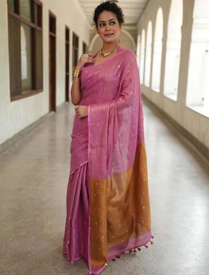 handwoven pink tissue linen saree with mirror work 1