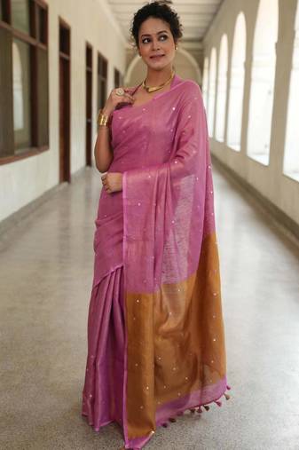 handwoven pink tissue linen saree with mirror work