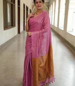 handwoven pink tissue linen saree with mirror work