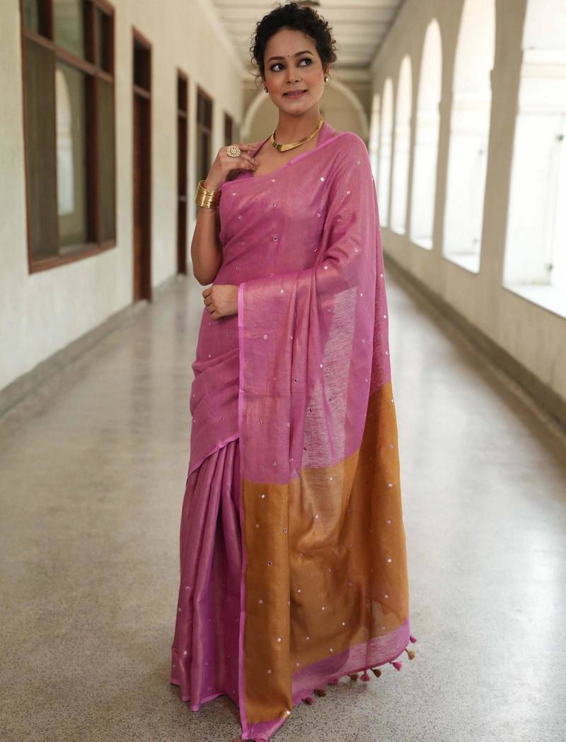 handwoven pink tissue linen saree with mirror work