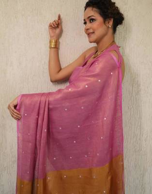 handwoven pink tissue linen saree with mirror work 2