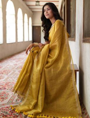 handwoven gold tissue linen saree 2
