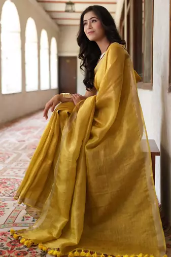 handwoven gold tissue linen saree