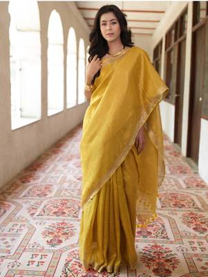 handwoven gold tissue linen saree 4