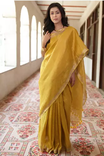 handwoven gold tissue linen saree