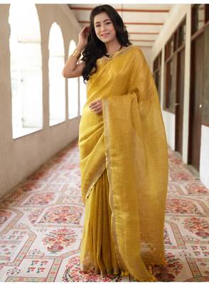 handwoven gold tissue linen saree 5