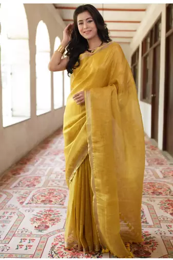 handwoven gold tissue linen saree