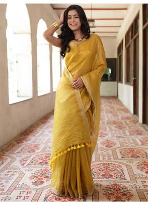 handwoven gold tissue linen saree 1