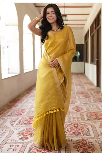 handwoven gold tissue linen saree