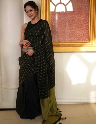 Black handwoven cotton linen saree 1