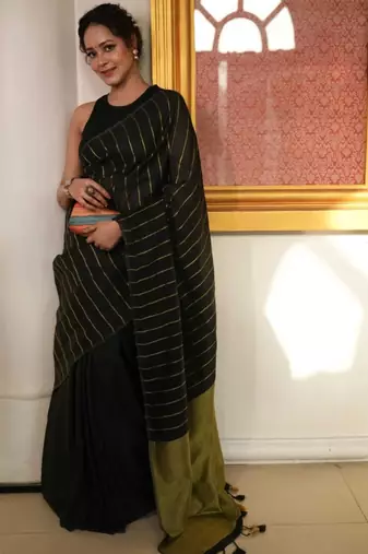 Black handwoven cotton linen saree