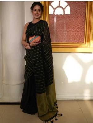 Black handwoven cotton linen saree 2