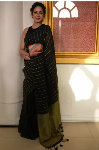 Black handwoven cotton linen saree