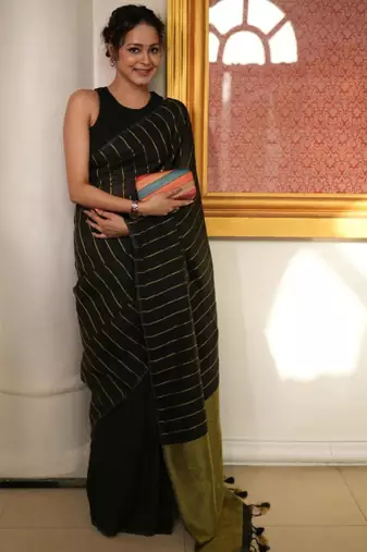 Black handwoven cotton linen saree