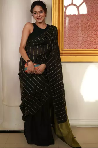 Black handwoven cotton linen saree
