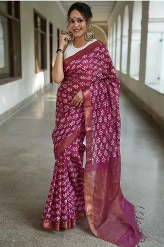 Pink handwoven cotton linen saree batik print