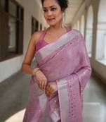Pink handwoven tissue linen saree with mirror work