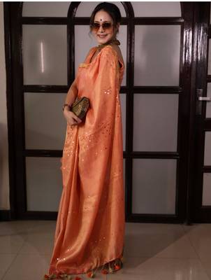 Orange handwoven tissue linen saree with mirror work 2