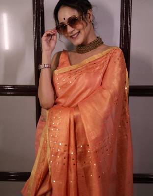 Orange handwoven tissue linen saree with mirror work 5