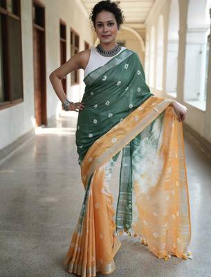 Multicolor handwoven shibori print cotton linen saree 1