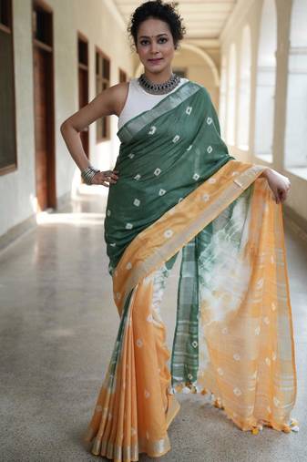 Multicolor handwoven shibori print cotton linen saree