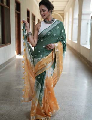 Multicolor handwoven shibori print cotton linen saree 2