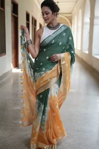 Multicolor handwoven shibori print cotton linen saree