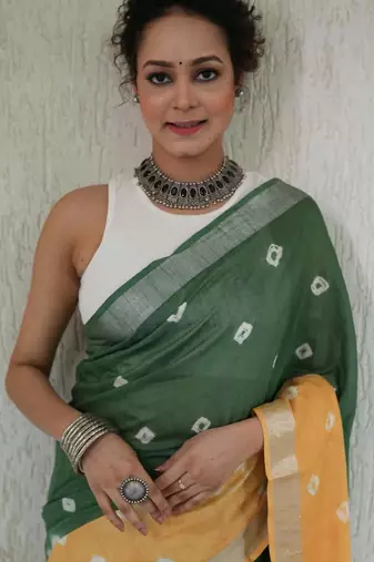 Multicolor handwoven shibori print cotton linen saree