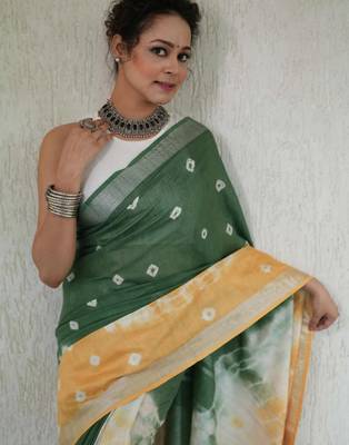 Multicolor handwoven shibori print cotton linen saree 4