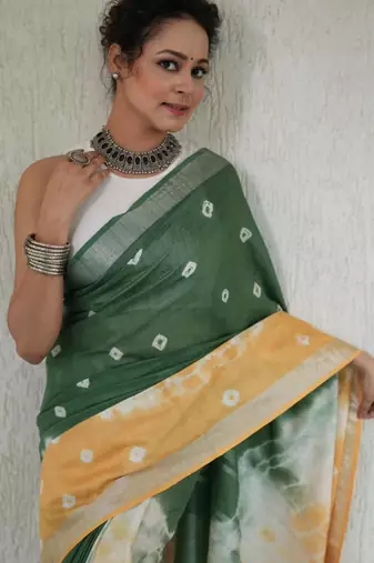 Multicolor handwoven shibori print cotton linen saree