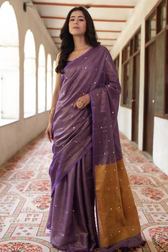 handwoven purple tissue linen saree mirror work