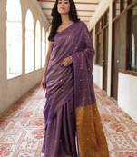 handwoven purple tissue linen saree mirror work