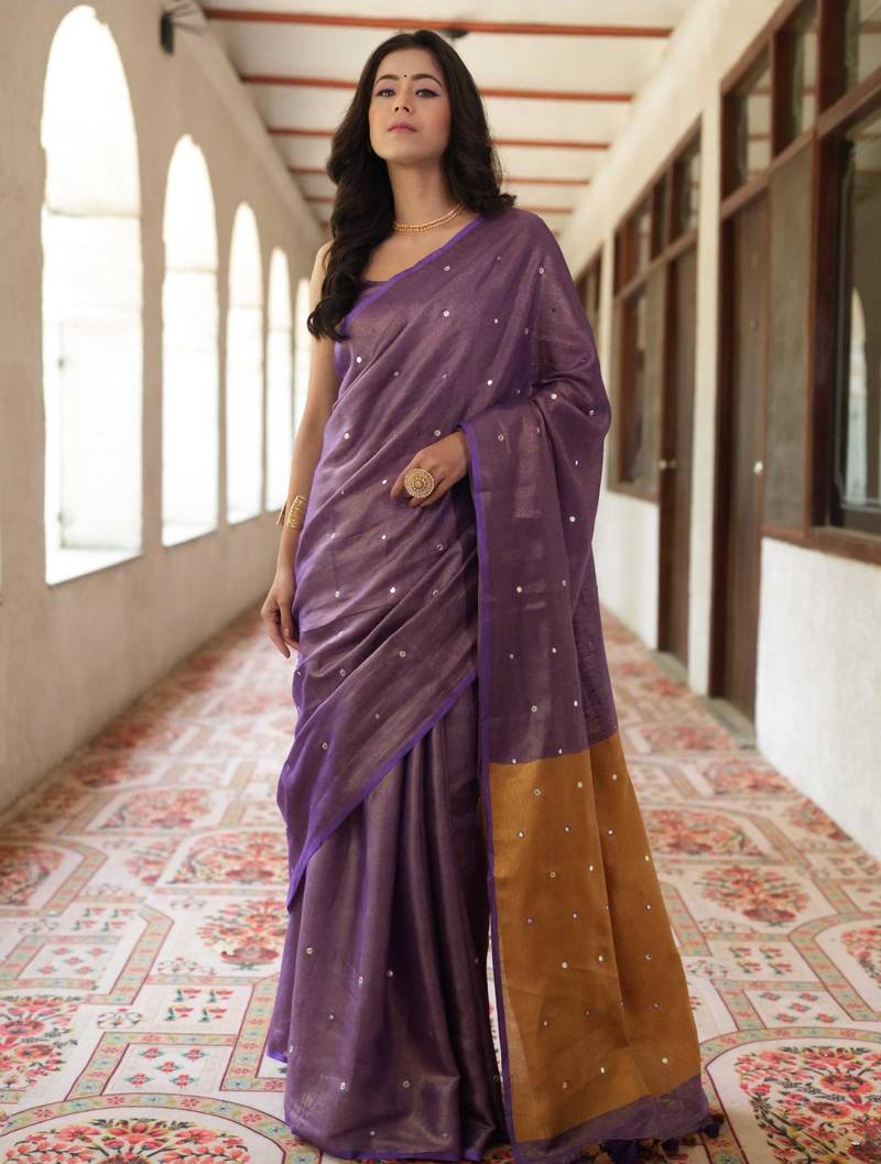 handwoven purple tissue linen saree mirror work