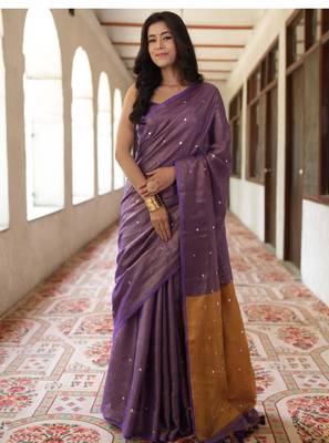 handwoven purple tissue linen saree mirror work 2