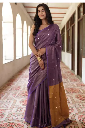 handwoven purple tissue linen saree mirror work