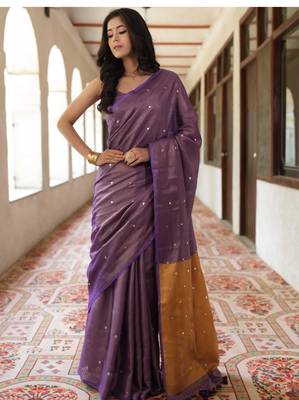 handwoven purple tissue linen saree mirror work 3