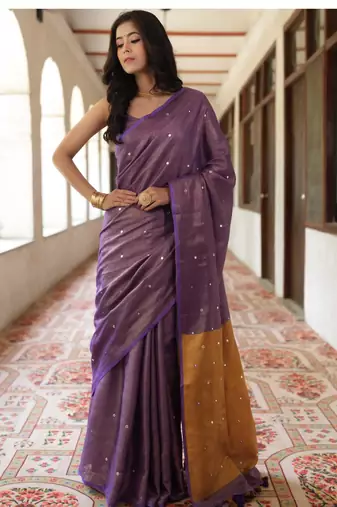 handwoven purple tissue linen saree mirror work