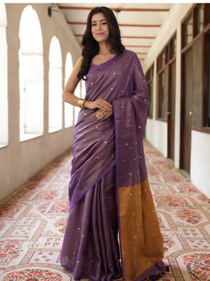 handwoven purple tissue linen saree mirror work 4