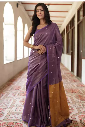 handwoven purple tissue linen saree mirror work