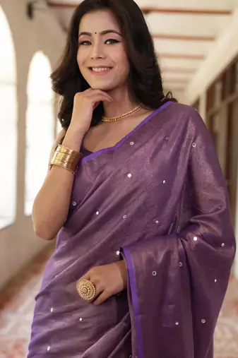 handwoven purple tissue linen saree mirror work