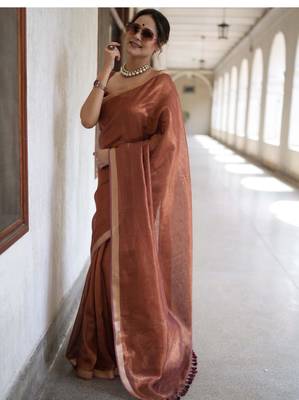 handwoven copper tissue linen saree 1