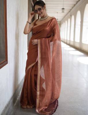 handwoven copper tissue linen saree 2