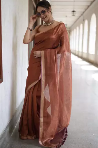 handwoven copper tissue linen saree