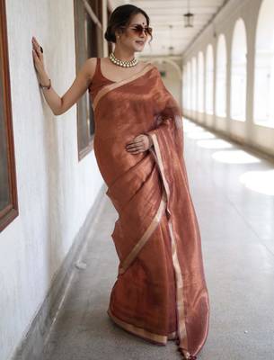 handwoven copper tissue linen saree 3