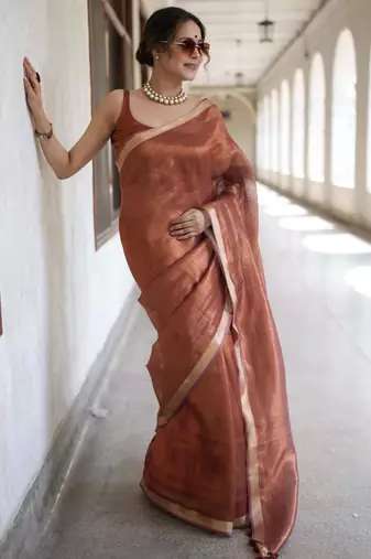 handwoven copper tissue linen saree